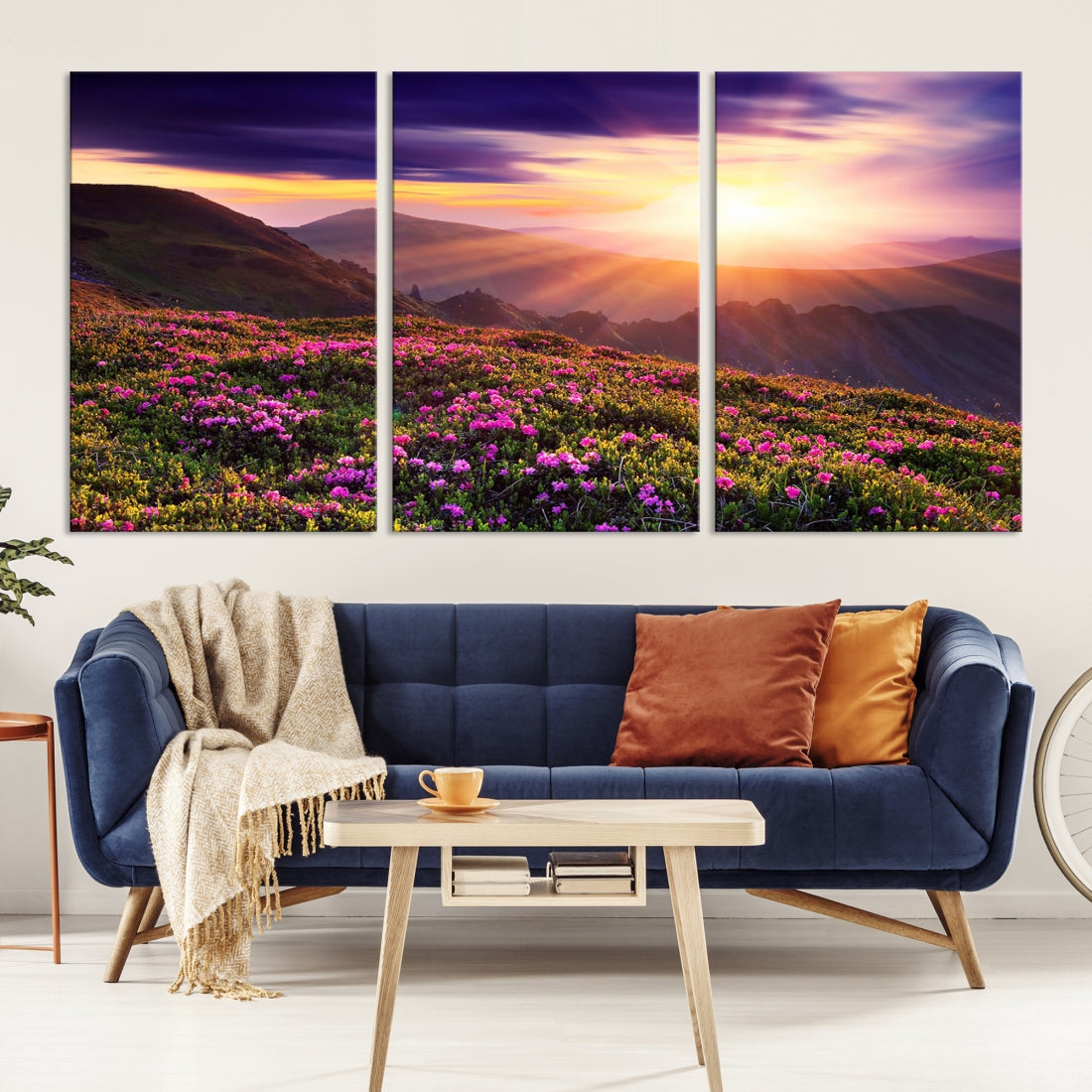 Alluring Spring Mountain with Flowers Sunset Landscape Canvas Wall Art Print