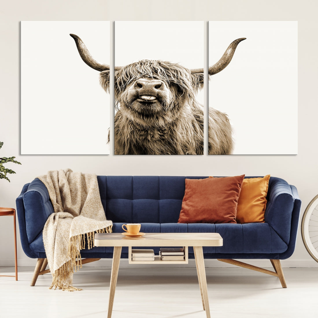 Sepia Scottish Highland Cow Farmhouse Decoration Wall Art Canvas Print