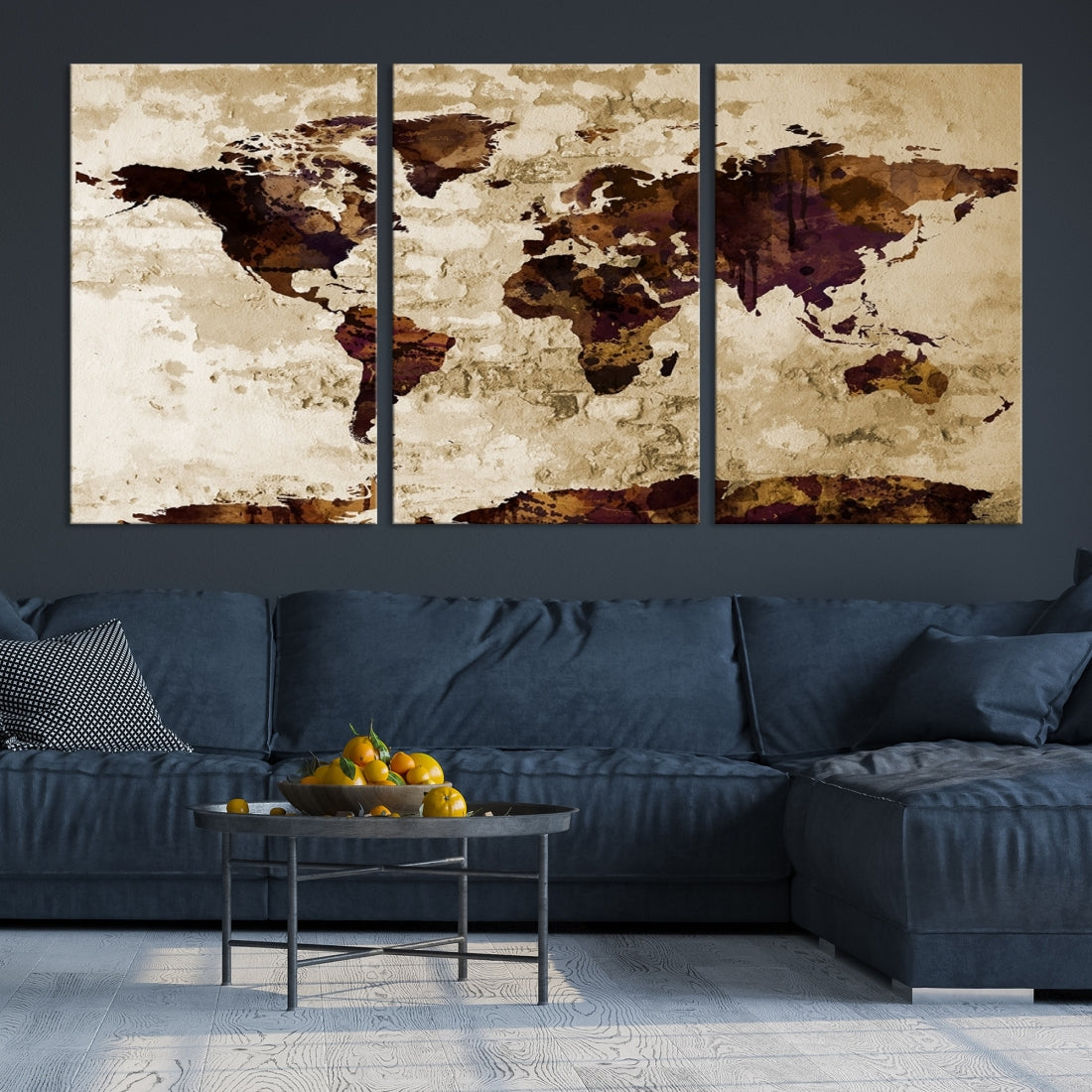 Large Wall Art Brown and Purple Vintage World Map on Old Cream Brick Wall Canvas Print