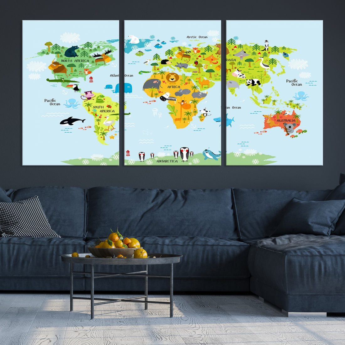 Colorful Animal World Map Canvas Print For Kids Room Large Wall Art Print