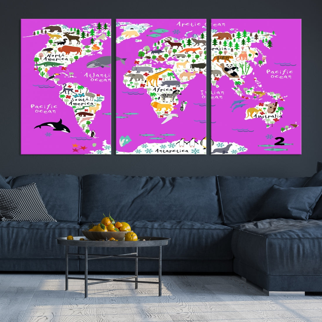 Hot Pink Animal World Map Canvas Prints For Kids Room Decoration, Kids World Map Canvas Print Nursery Room Canvas Wall