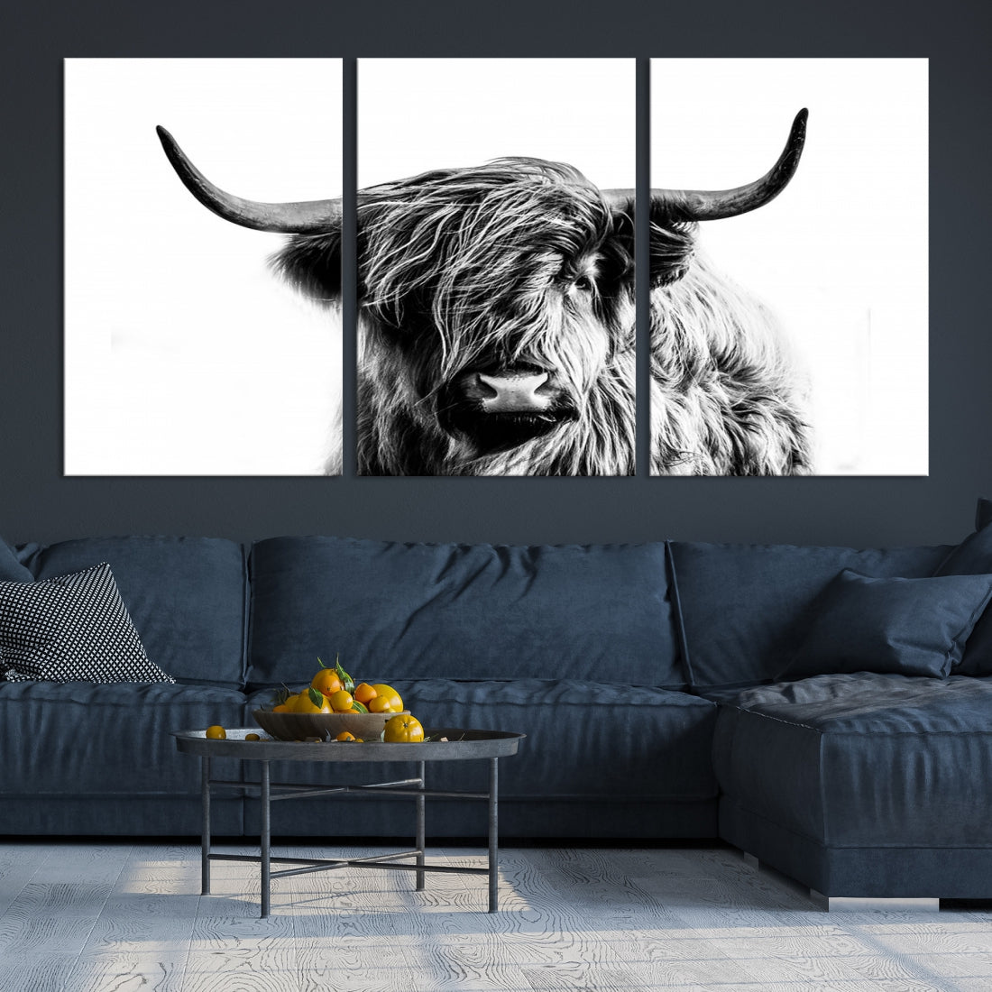Black White Scottish Highland Cow Farmhouse Decor Wall Art Canvas Print