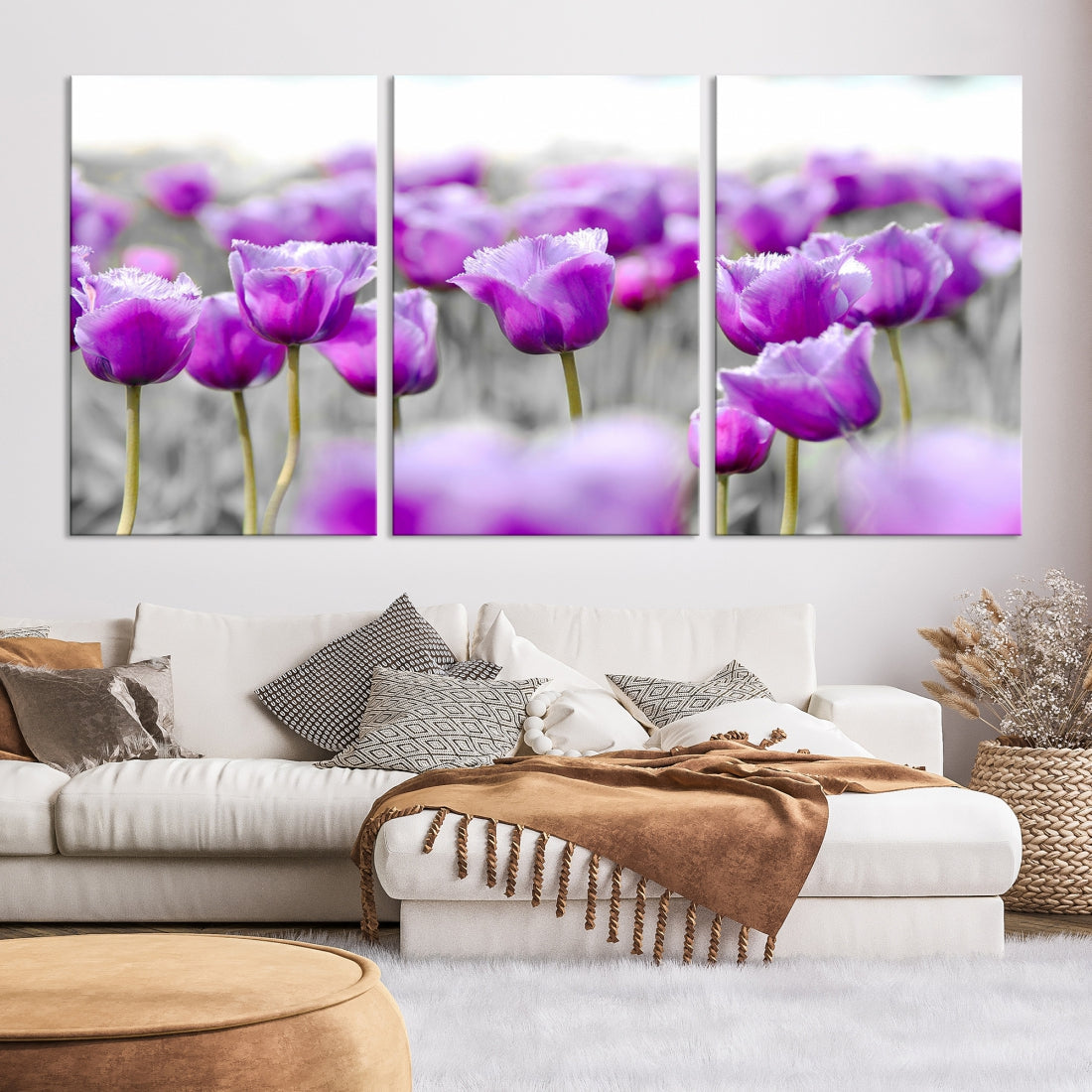 Tulip Fields Canvas Wall Art Print Extra Large Purple Tulips Flower Artwork for Walls