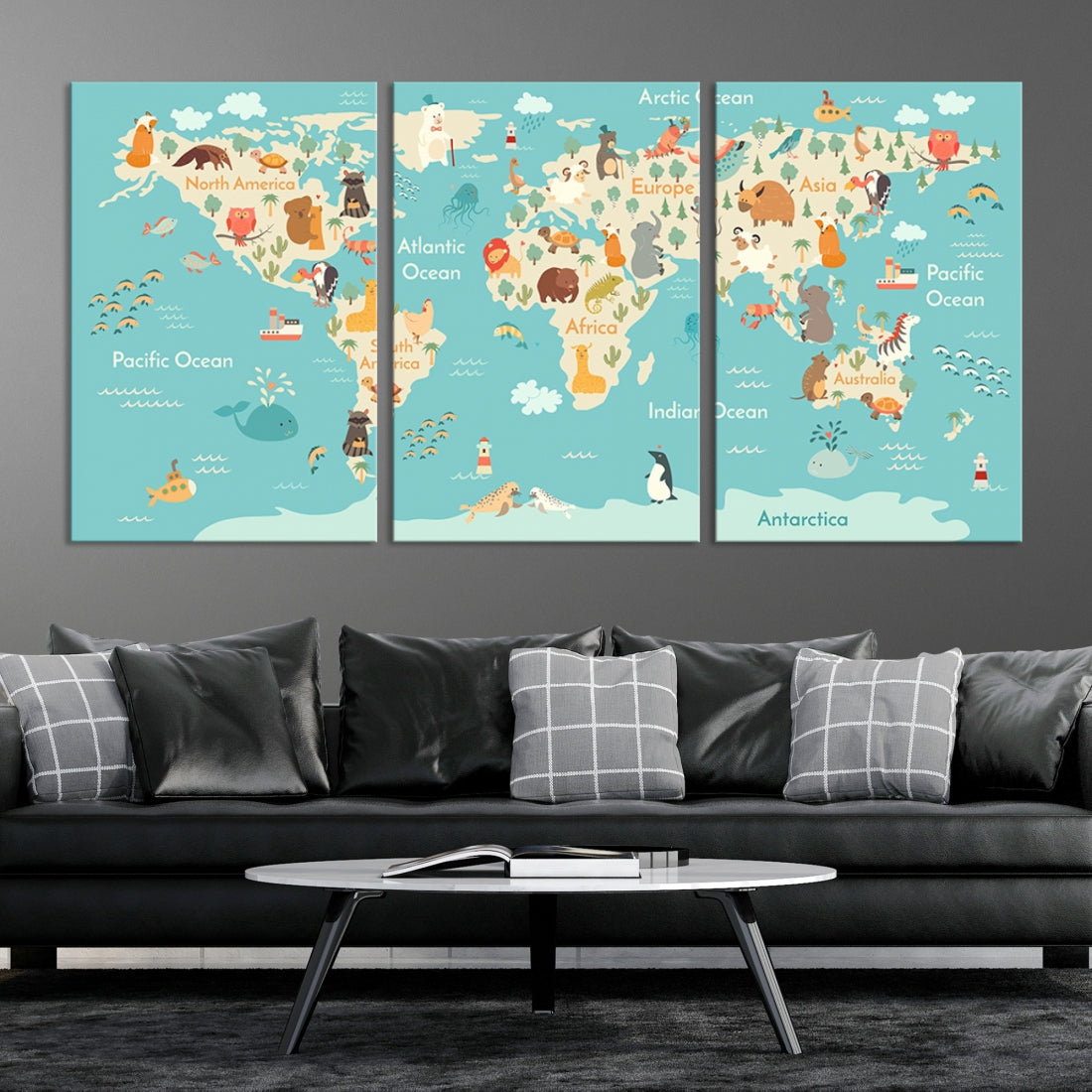 World Map with Animals Wall Art Educational Wall Decor for Kids Map Canvas Print