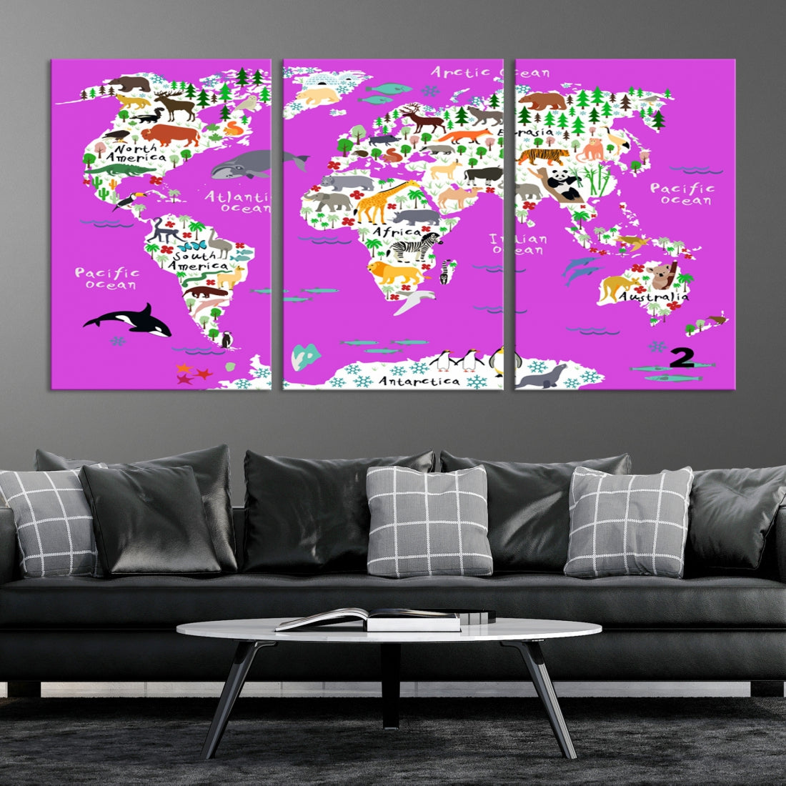 Hot Pink Animal World Map Canvas Prints For Kids Room Decoration, Kids World Map Canvas Print Nursery Room Canvas Wall