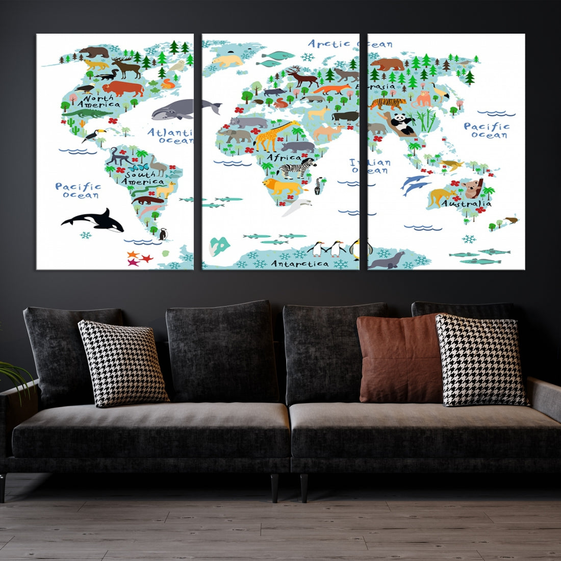 White and Blue Animal World Map For Kids Room Decoration Canvas Wall Art Print