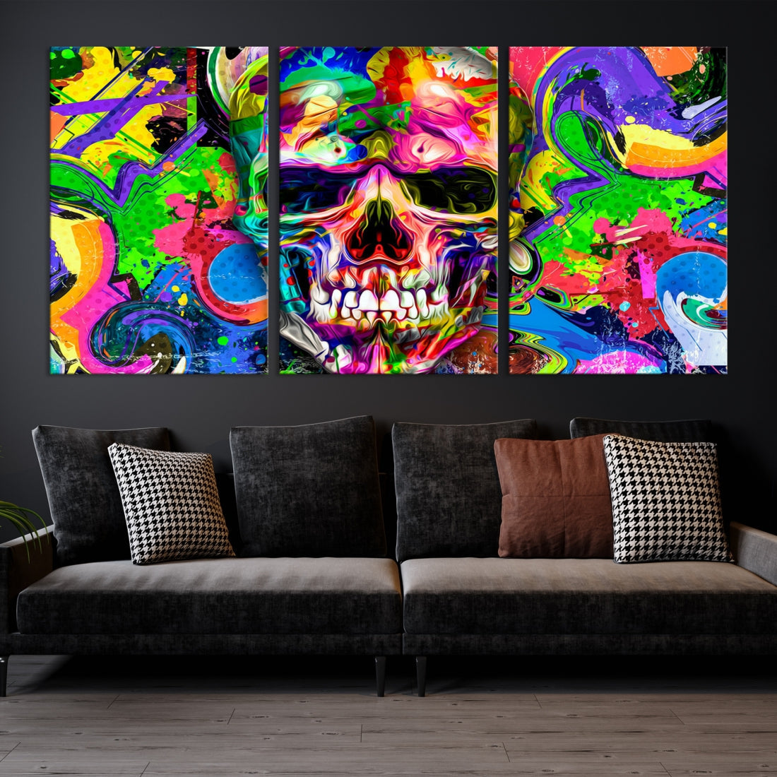 Colorful Skull Canvas Art Print Large Psychedelic Painting Wall Art Framed