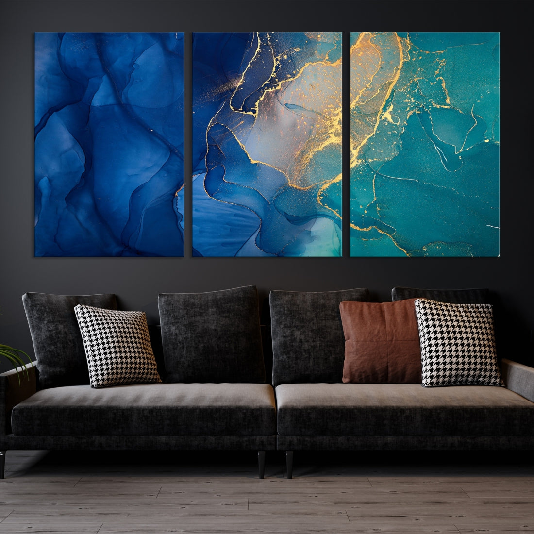 Navy Blue and Green Gold Modern Abstract Canvas Wall Art Giclee Print
