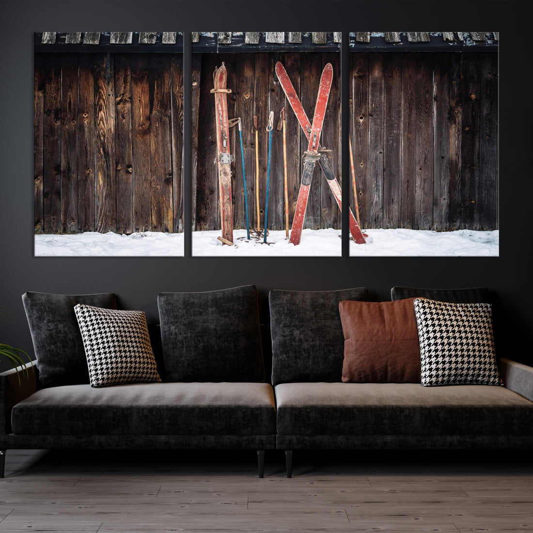 Large Old Skis on Wooden Art | Extra Large Canvas Wall Art | Rustic Decor | Vintage Art | Sports Wall Art