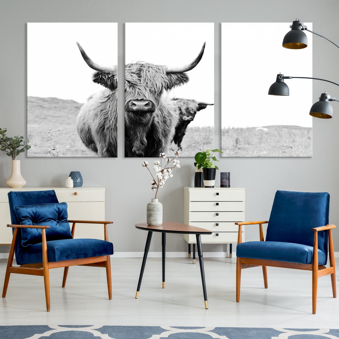 Black and White Highland Cow Canvas Wall Art Print Farmhouse Animal Decor