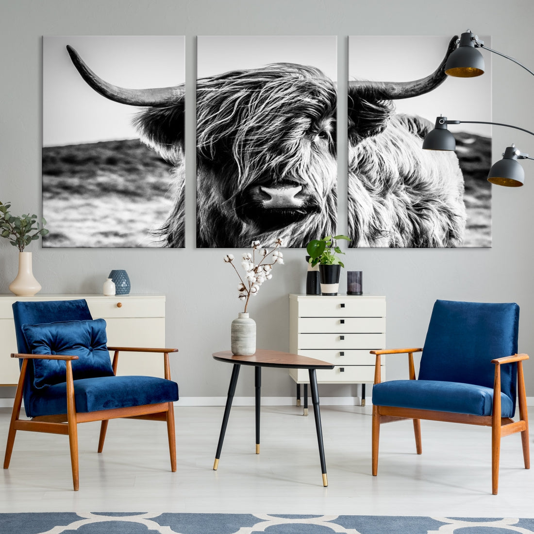 Black and White Scottish Cow Canvas Wall Art Highland Cattle Canvas Print