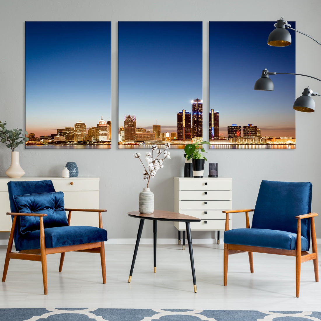 Large Blue Detroit Skyline Cityscape Wall Art Canvas Print Office Decor