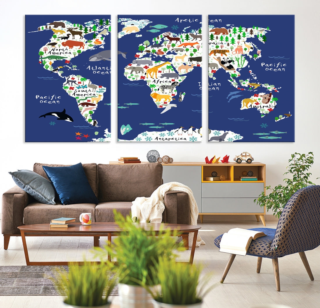 Navy Blue Animal World Map Canvas Prints For Kids Room Decoration, Kids World Map Canvas Print Nursery Room Canvas Wall