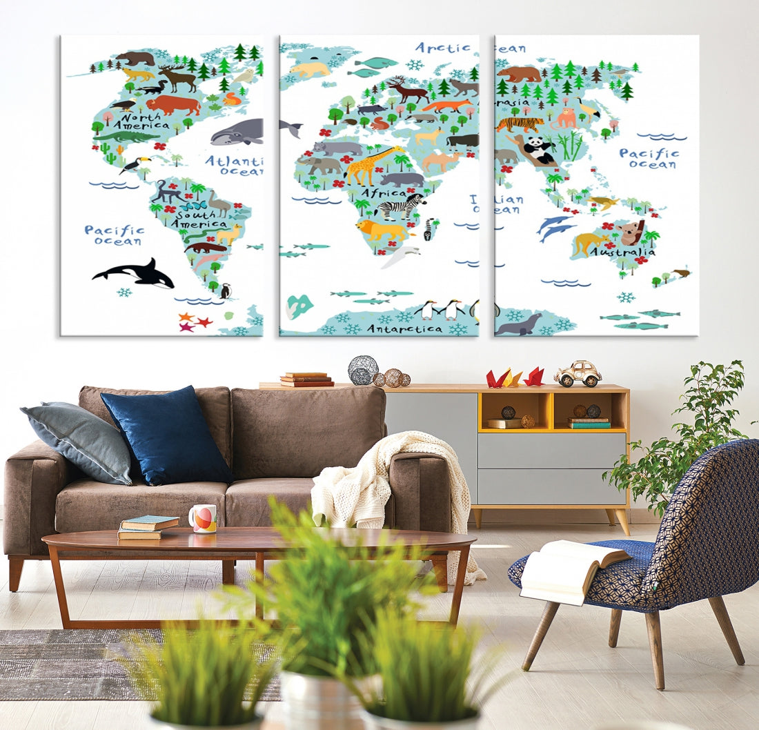White and Blue Animal World Map For Kids Room Decoration Canvas Wall Art Print