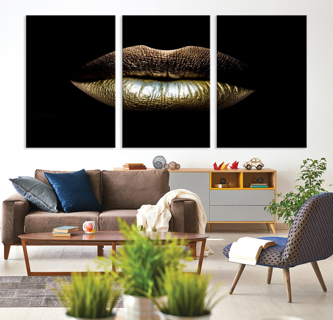 Gold Lips Makeup Trendy Wall Art Canvas Print Beauty Sensual Art Large Wall Decor