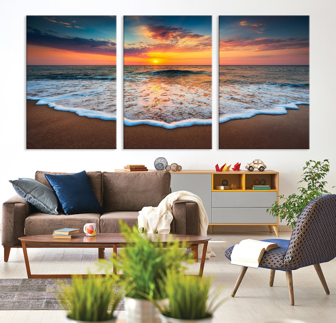 Sunset with Calm Waves on the Beach Extra Large Canvas Wall Art Giclee Print