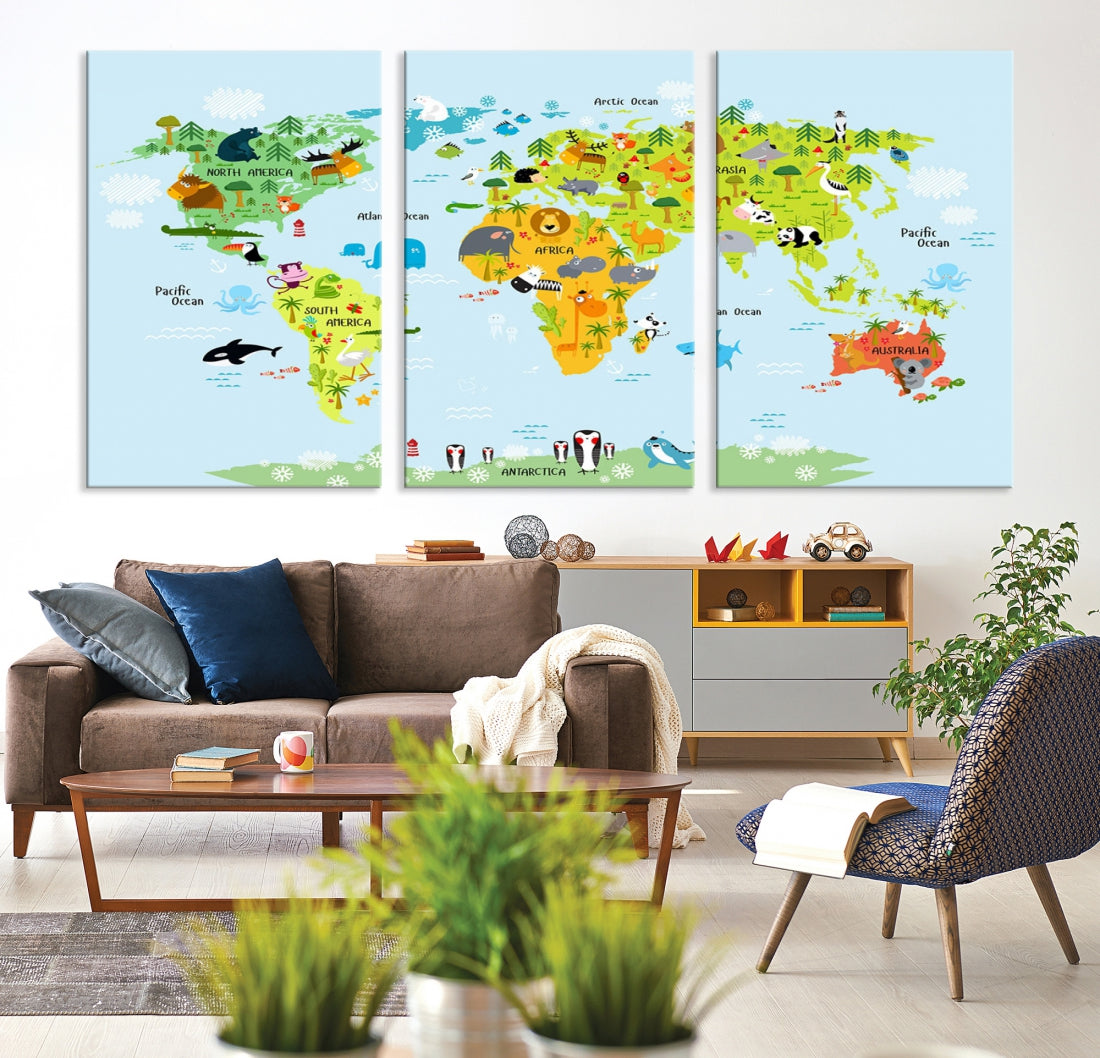 Educational Wall Art World Map Canvas Print Animal Wall Decor Ready to Hang