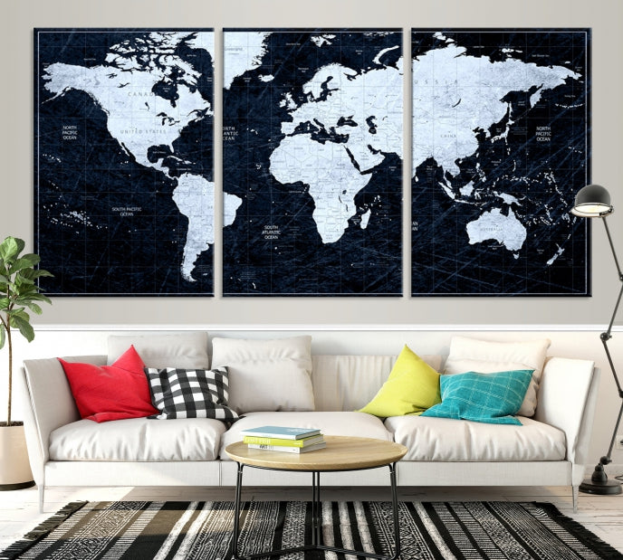 White Colored Push Pin World Map on Jet Black Background Canvas Print Large Wall Art