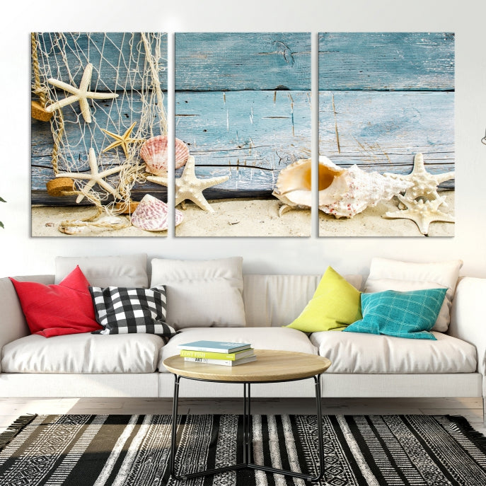 Seashells on Rustic Wooden Background Giclee Canvas Extra Large Wall Art Print