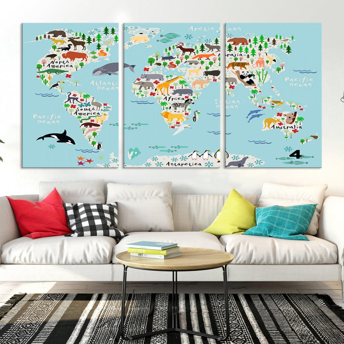 Animal Illustration World Map Canvas Print Framed Large Wall Art for School or Classroom