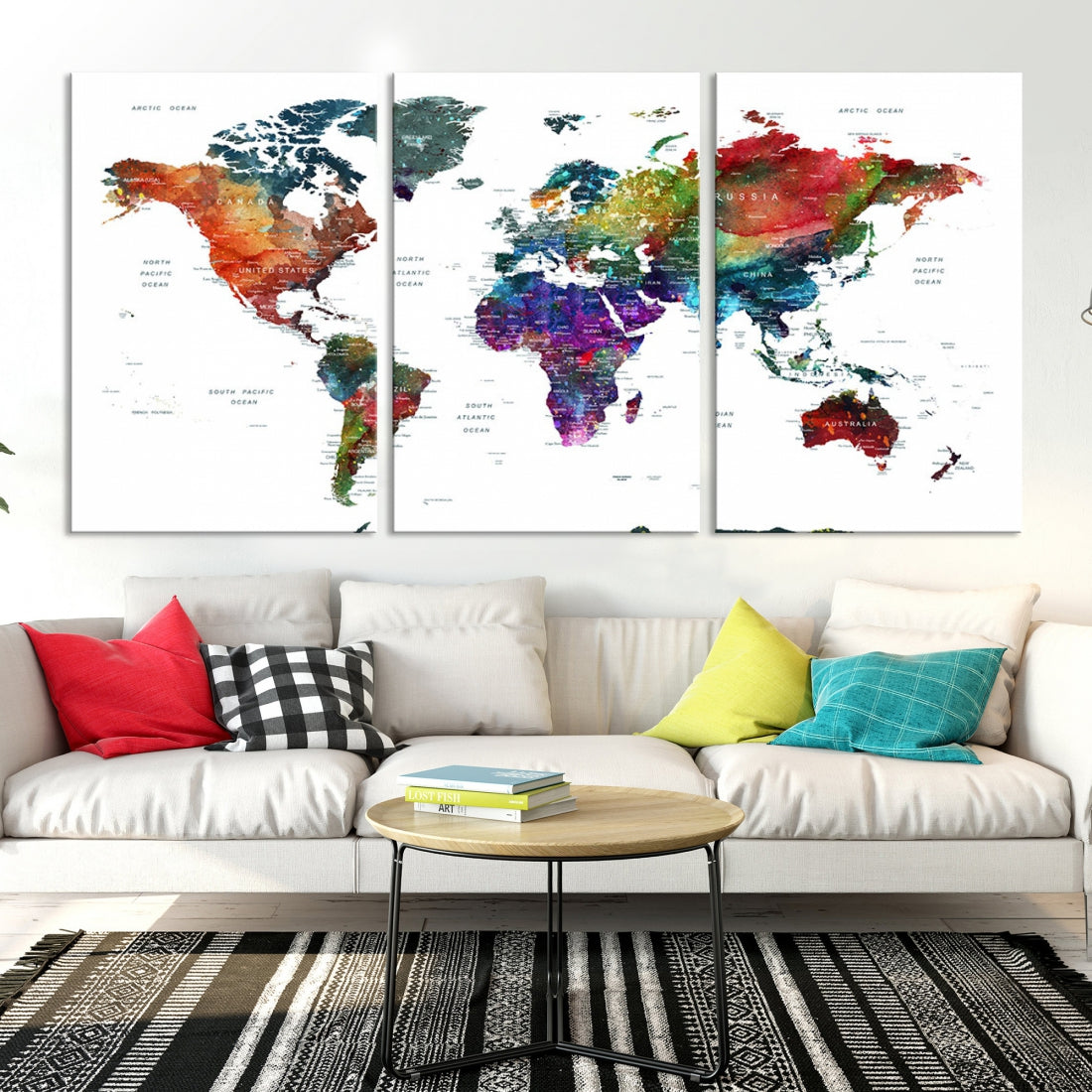 Detailed Watercolor World Map Extra Large Wall Art Canvas Print