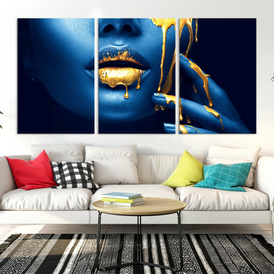 Neon Blue Gold Lips Sensual Photography Canvas Wall Art Print Fashion Art Beauty
