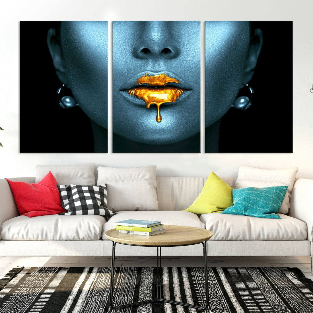 Sensual Photography Gold Glitter Lips Large Wall Art Canvas Print for Bedroom