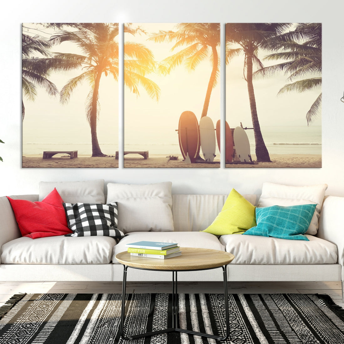 Bring a Piece of the Beach to Your Home with Our Large Canvas Wall Art Print of a Surfboard & Palm TreeA Relaxing