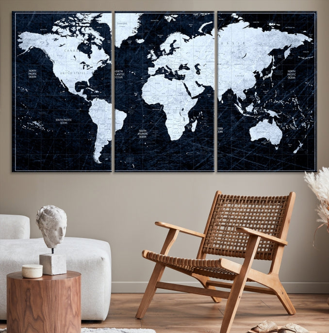 White Colored Push Pin World Map on Jet Black Background Canvas Print Large Wall Art