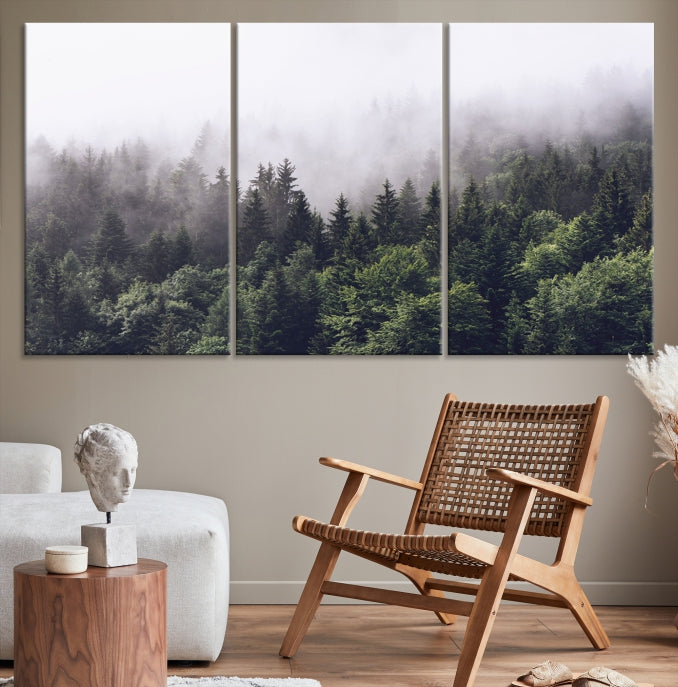 Trendy Forest Foggy Art Large Canvas Print, Misty Forest Trees Artwork Mountain Wall Art Canvas Print