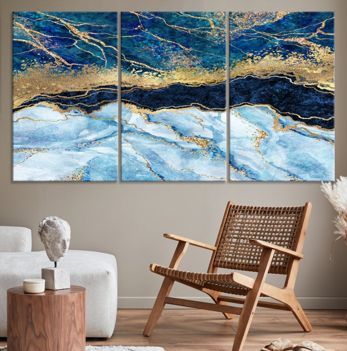 Create a Stunning & Unique Feature Wall with Our Large Blue Fluid Effect Abstract Marble Canvas Wall Art Prints