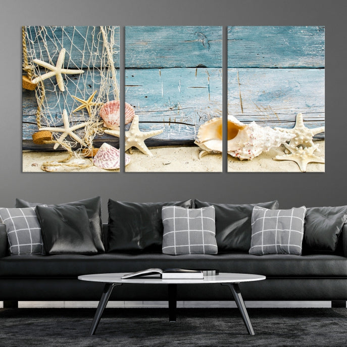 Seashells on Rustic Wooden Background Giclee Canvas Extra Large Wall Art Print