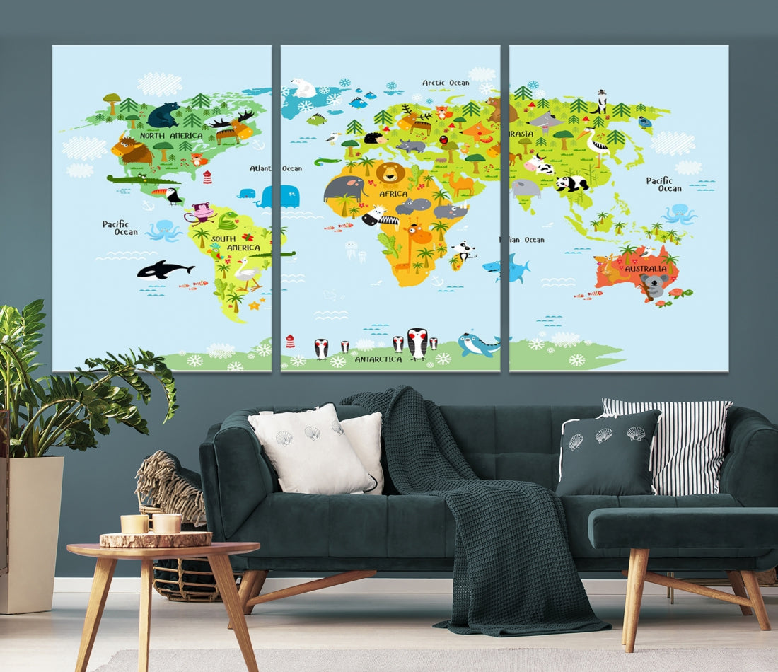 Educational Wall Art World Map Canvas Print Animal Wall Decor Ready to Hang