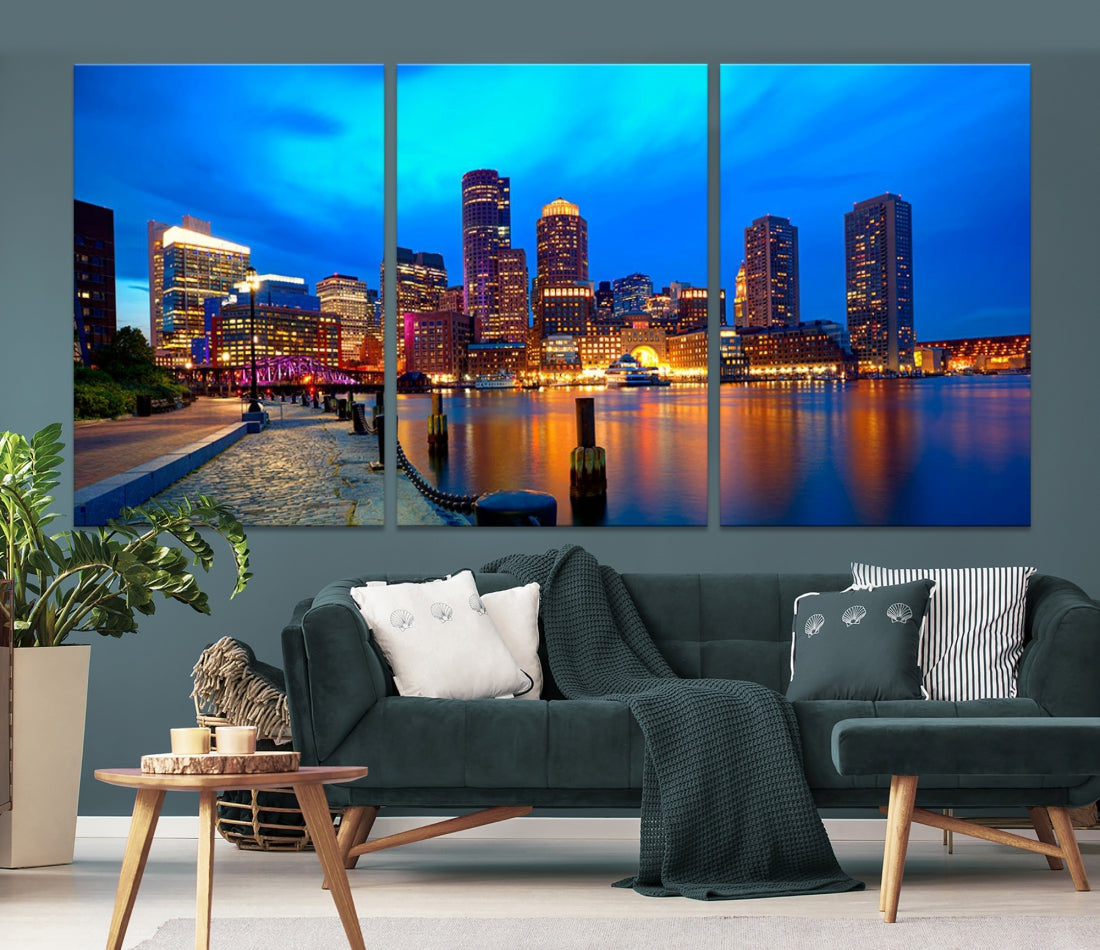 Bring the Charm of the Boston City Night Skyline to Your Home with Our Large Blue Cityscape View Canvas Wall Art Print