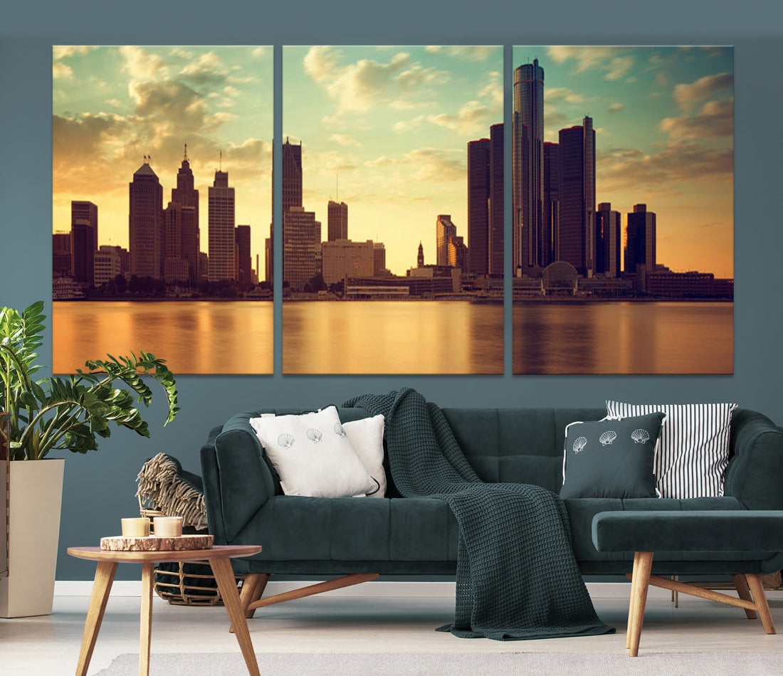 Stunning Detroit City Photo Canvas Wall Art Sunny Skyline Cityscape Canvas Print