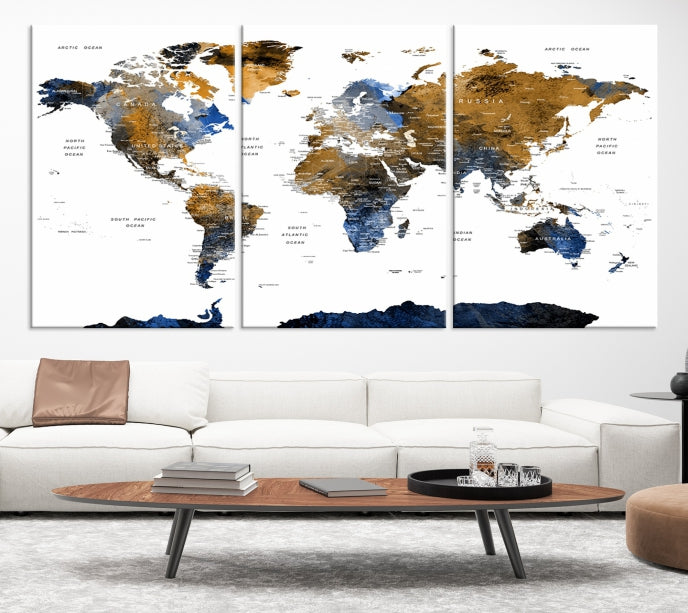 Blue Brown World Map Large Canvas Print