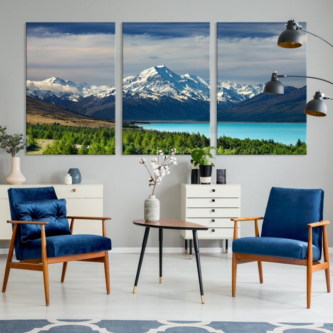 Snowy Mountains Behind Forest and Sea Wall Art