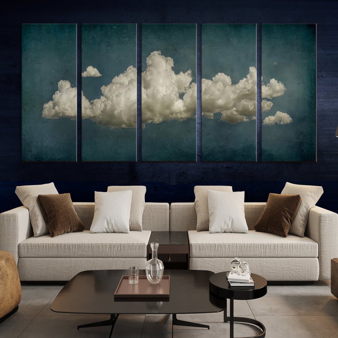 White Clouds Blue Sky Abstract Wall Art Canvas Print Framed Vintage Soft Apartment Wall Decor