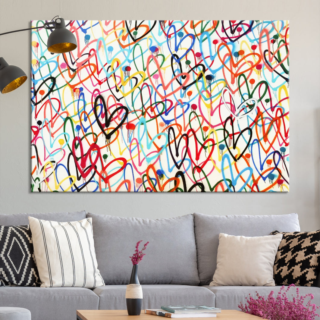 Colorful Hearts Watercolor Canvas Print Large Wall Art Friendship Love Gift for Birthday