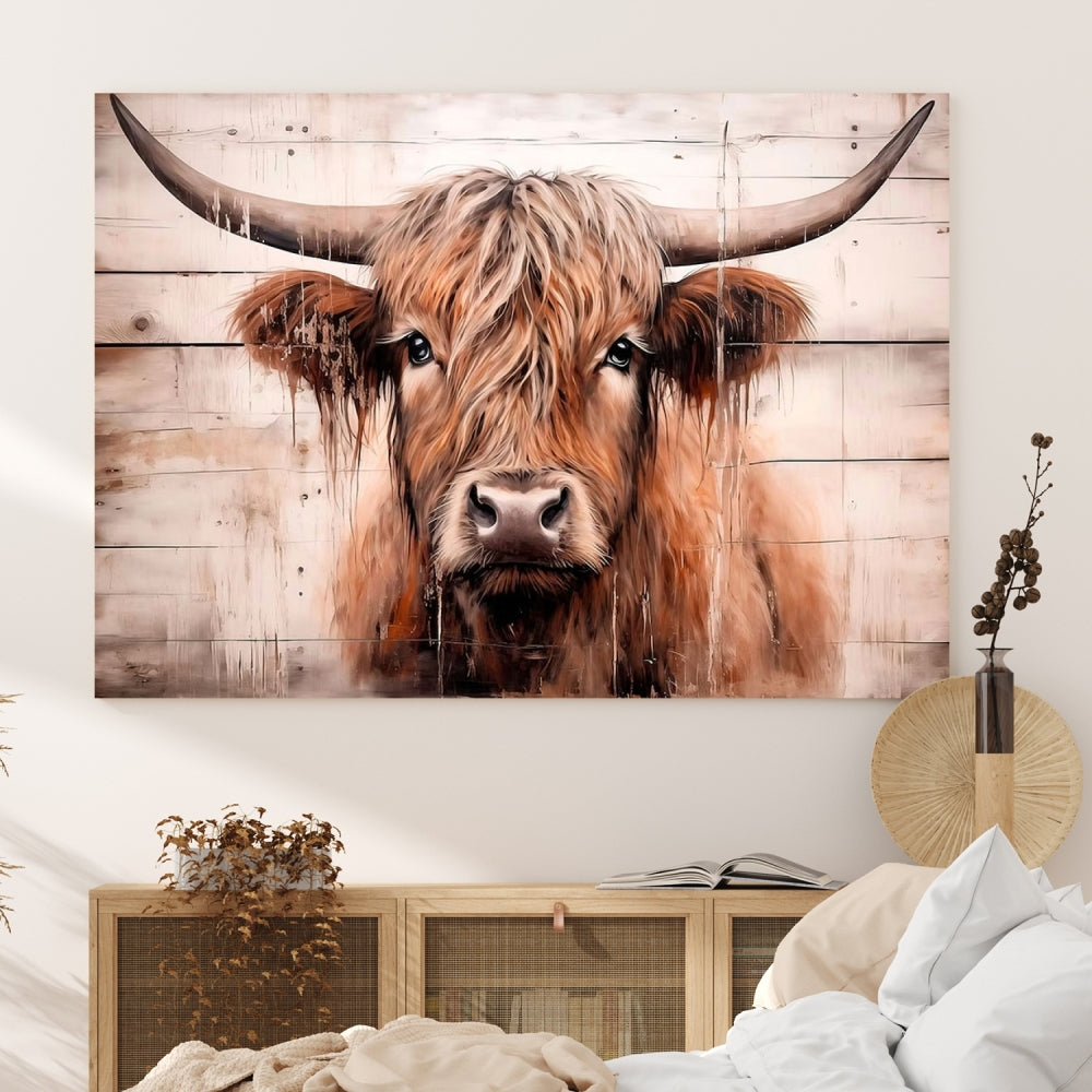 Vintage Highland Cow Wall Art Canvas Print Rustic Wood Background Printed Wall Decor