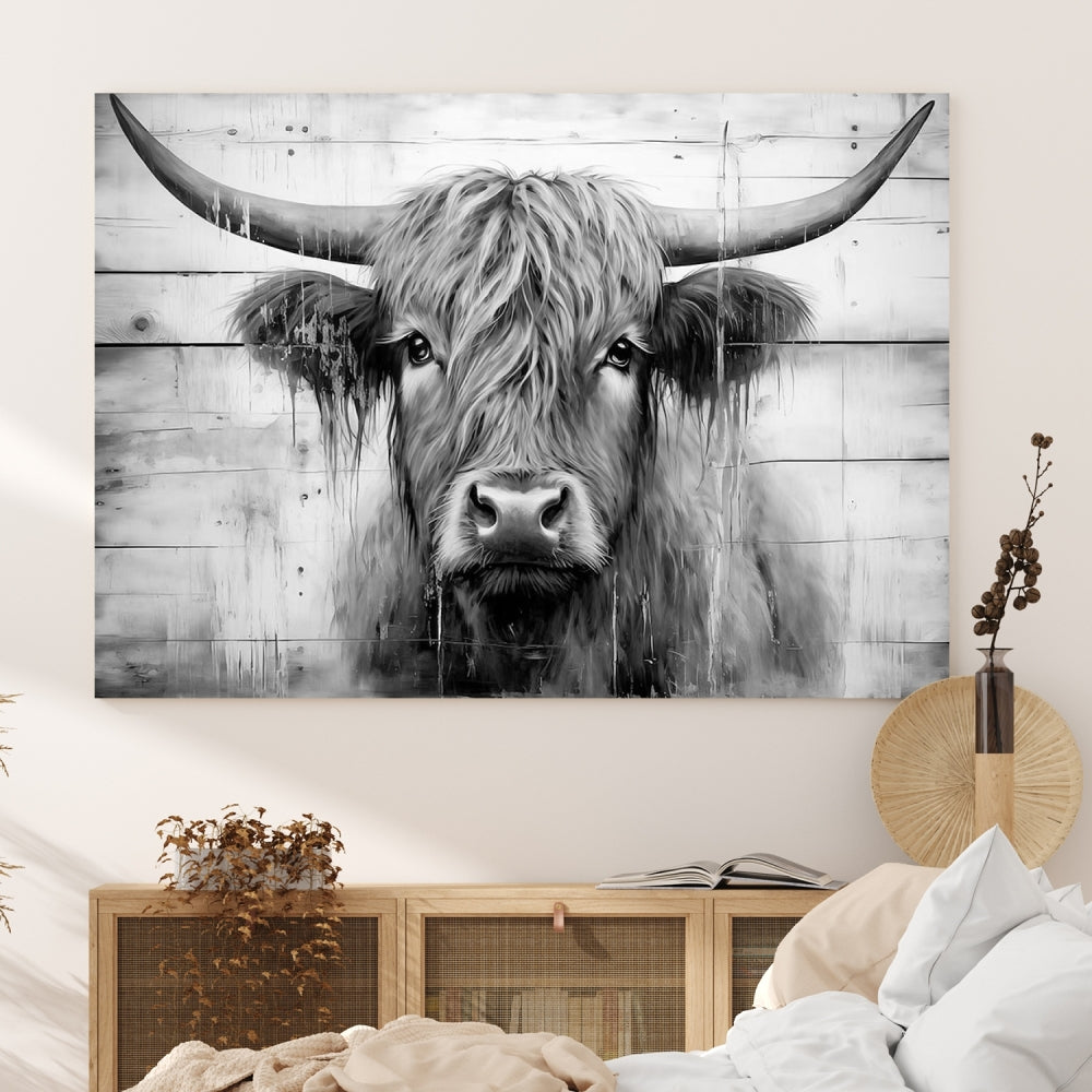 Black and White Highland Cow Canvas Print Framed Extra Large Farmhouse Wall Art