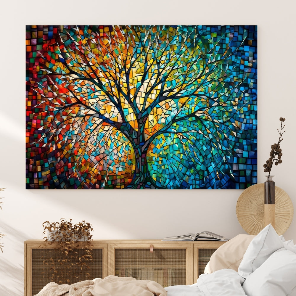 Stained Glass Vintage Tree Wall Art Canvas Print Framed Set of Wall Decor