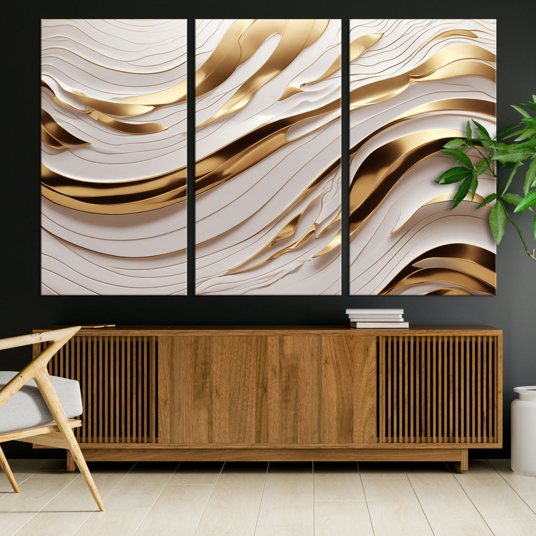 Gold beige abstract wall art for modern wall decor, Framed Set of 3 Canvas Print