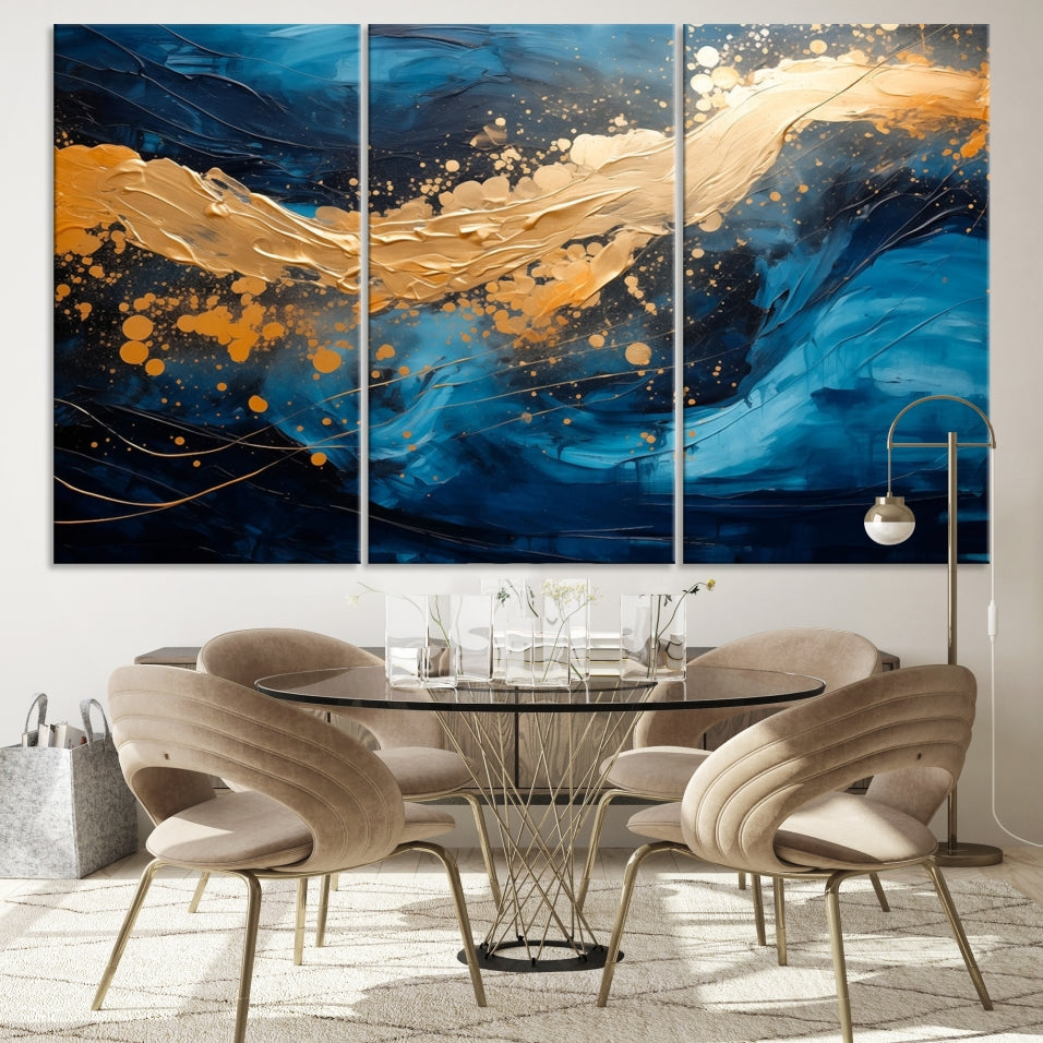 Gold Ocean Blue Wall Art Fluid Abstract Canvas Print New Home Gift Soft Fine Art