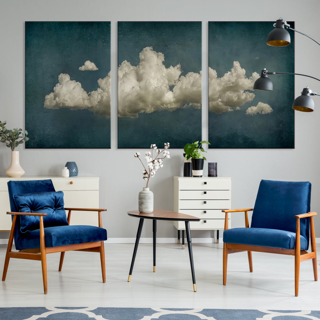 White Clouds Blue Sky Abstract Wall Art Canvas Print Framed Vintage Soft Apartment Wall Decor