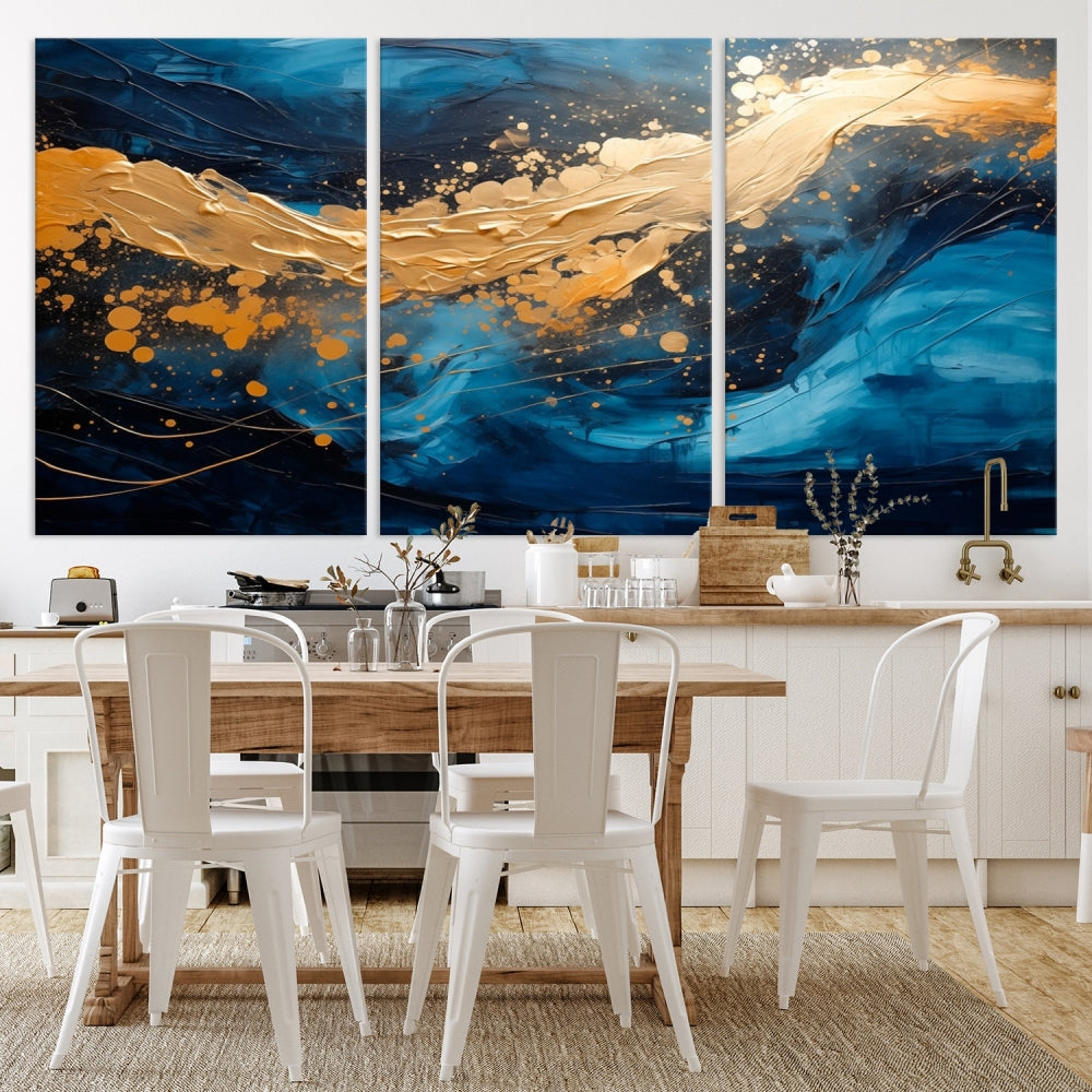 Gold Ocean Blue Wall Art Fluid Abstract Canvas Print New Home Gift Soft Fine Art