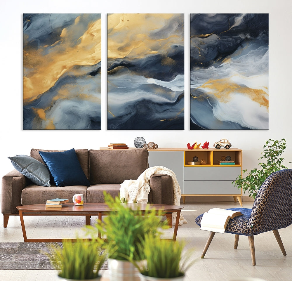 Abstract Canvas Wall Art, Marble Print, Gold Blue Wall Decor, Modern Painting, Set of Printed