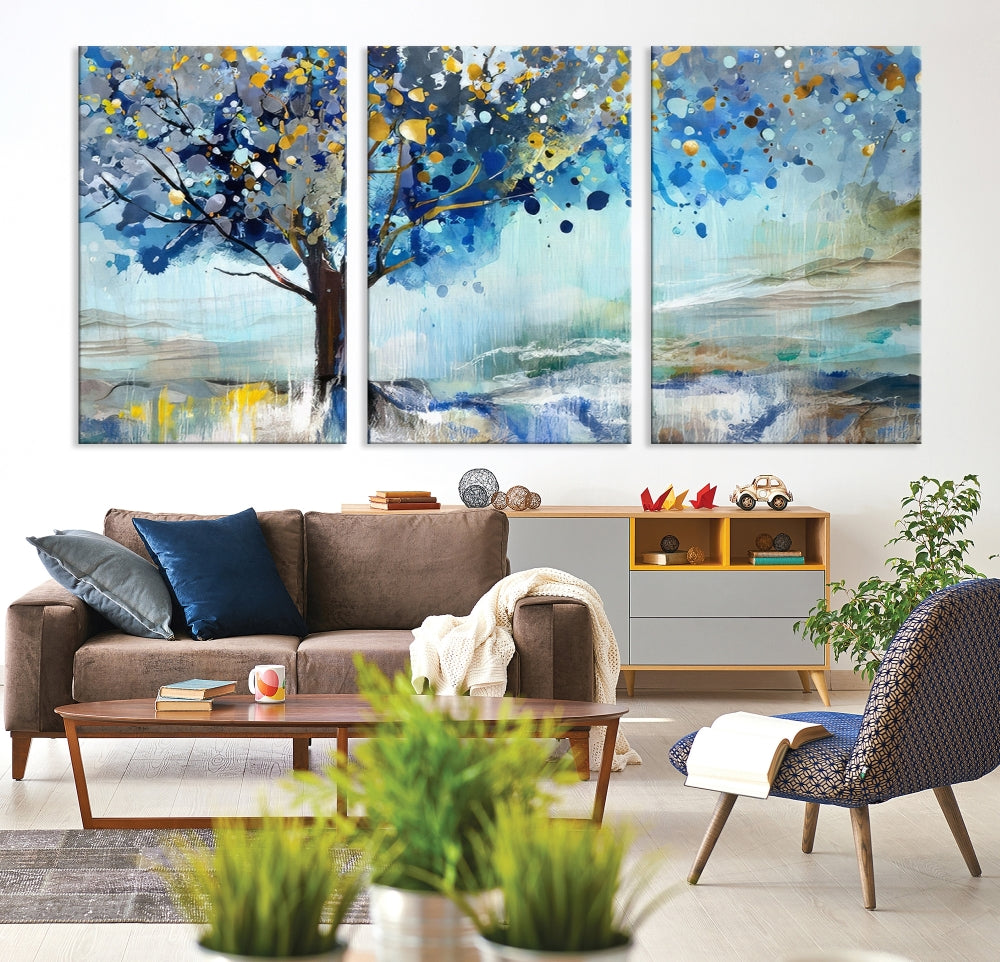 Abstract Blue Tree Painting Wall Art Canvas Print Framed Set of Wall Decor