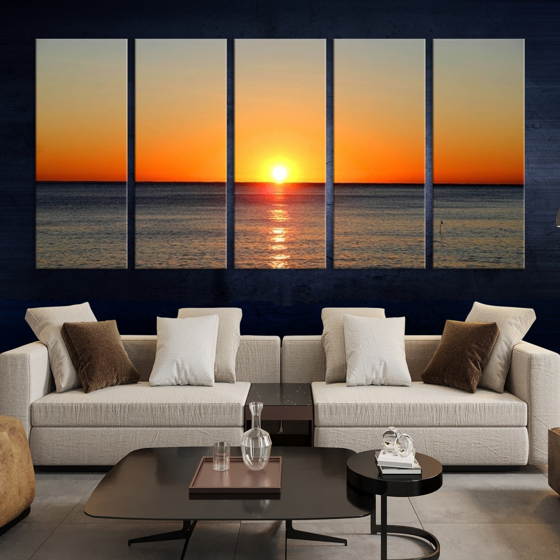 Framed Large Wall Art Canvas Sunset over Dark Blue Sea