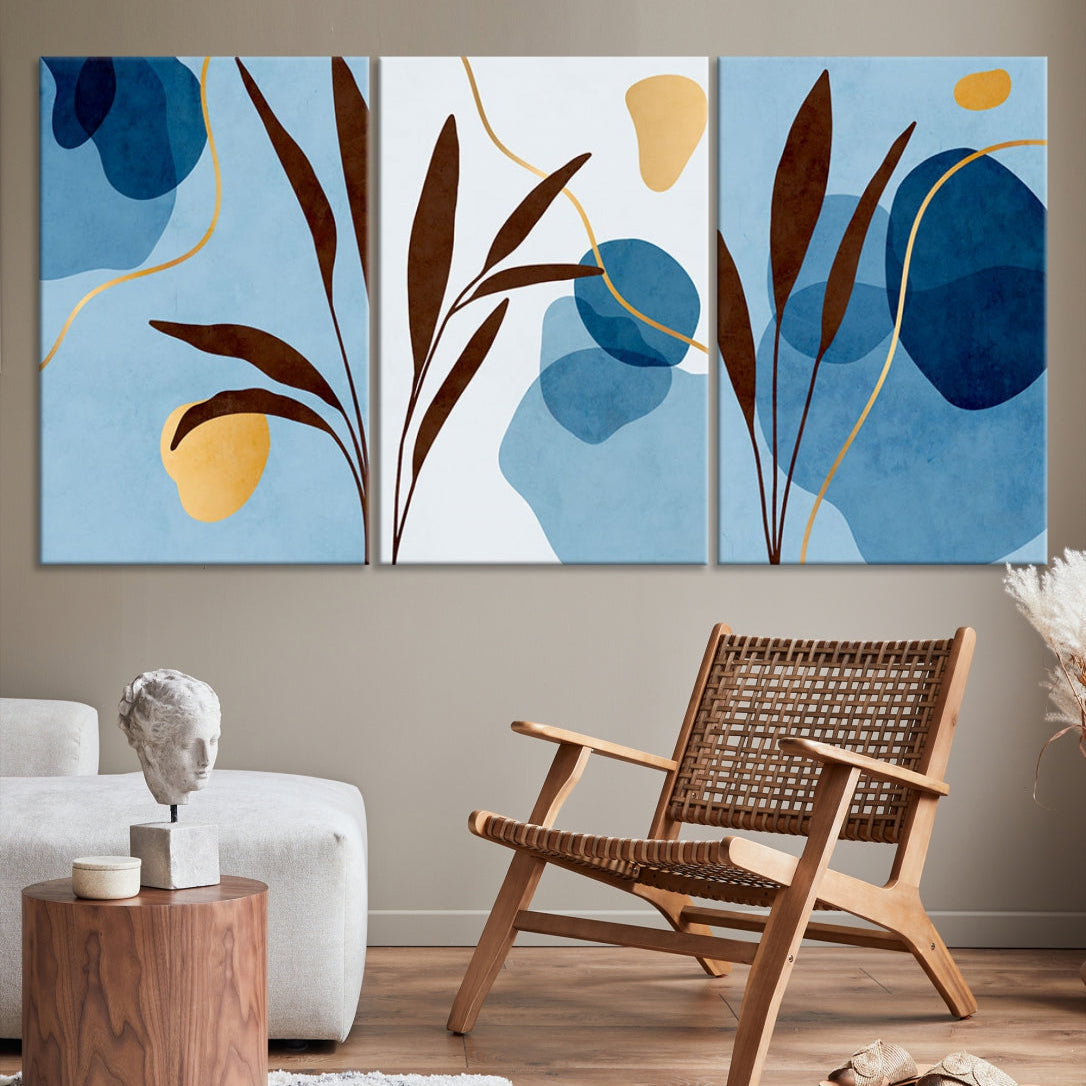Extra Large Boho Pastel Blue and Yellow Floral Wall Art Framed Canvas Print